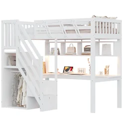 ModernLuxe Lit mezzanine en bois massif 90x200cm LED - avec échelle de rangement - bureau et port USB - blanc (matelas non inclus)
