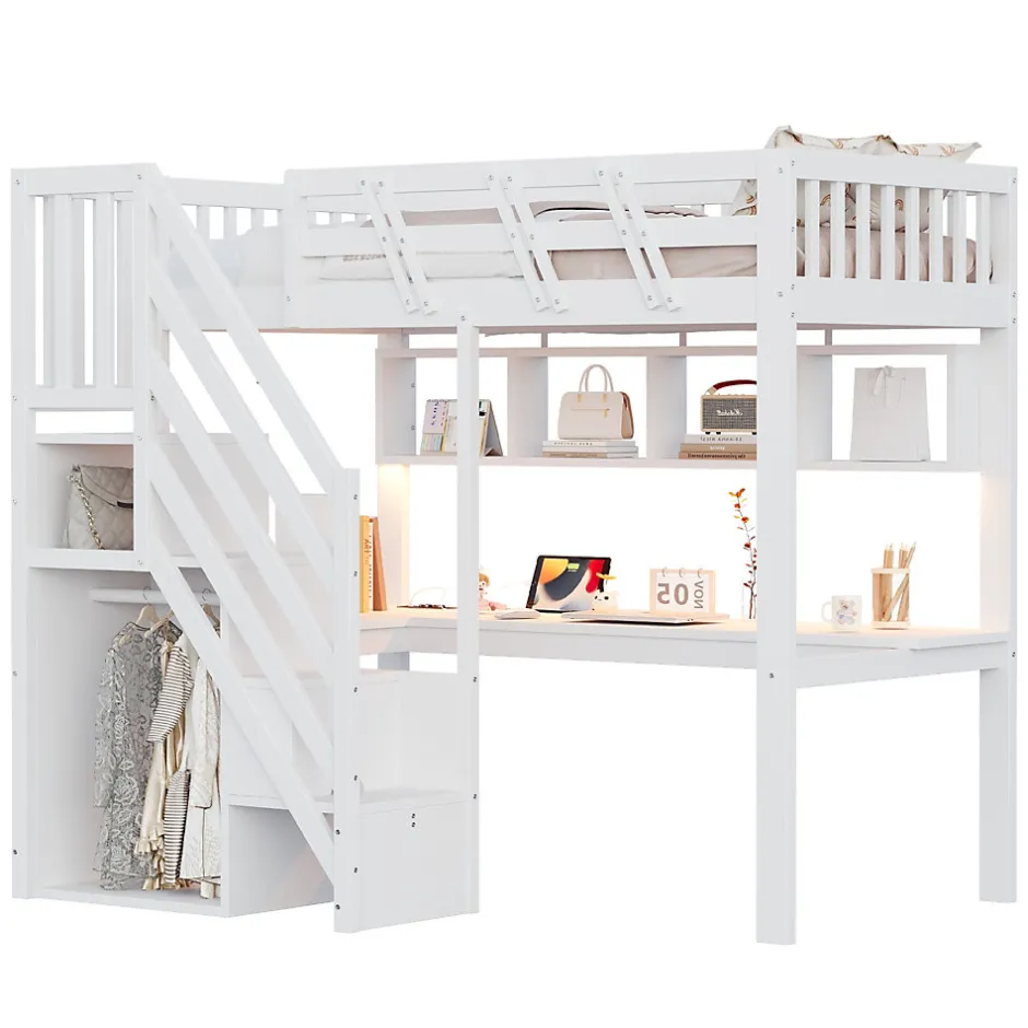 ModernLuxe Lit mezzanine en bois massif 90x200cm LED - avec échelle de rangement - bureau et port USB - blanc (matelas non inclus)
