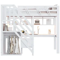 ModernLuxe Lit mezzanine en bois massif 90x200cm LED - avec échelle de rangement - bureau et port USB - blanc (matelas non inclus)