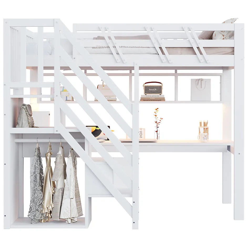 ModernLuxe Lit mezzanine en bois massif 90x200cm LED - avec échelle de rangement - bureau et port USB - blanc (matelas non inclus)