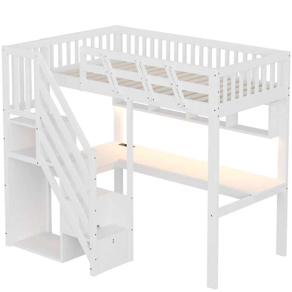 ModernLuxe Lit mezzanine en bois massif 90x200cm LED - avec échelle de rangement - bureau et port USB - blanc (matelas non inclus)