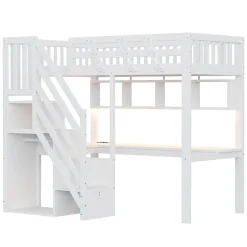 ModernLuxe Lit mezzanine en bois massif 90x200cm LED - avec échelle de rangement - bureau et port USB - blanc (matelas non inclus)