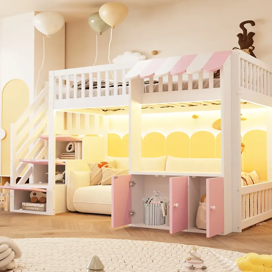 ModernLuxe Lit mezzanine en bois 90x200cm - avec armoire - escalier de rangement - éclairage LED - rose (matelas non inclus) Outlet