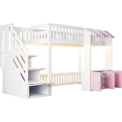 ModernLuxe Lit mezzanine en bois 90x200cm - avec armoire - escalier de rangement - éclairage LED - rose (matelas non inclus) Outlet