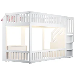 ModernLuxe Lit mezzanine en bois 90x200cm - avec armoire - escalier de rangement - éclairage LED - rose (matelas non inclus) Outlet
