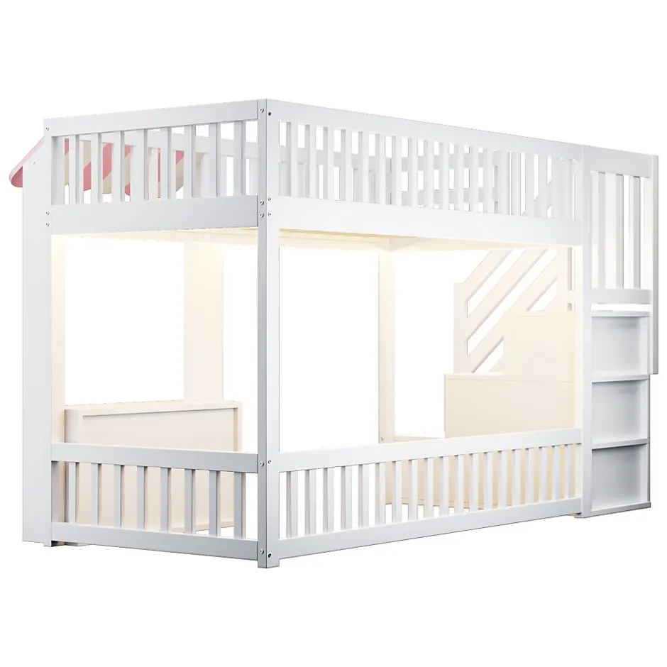 ModernLuxe Lit mezzanine en bois 90x200cm - avec armoire - escalier de rangement - éclairage LED - rose (matelas non inclus) Outlet