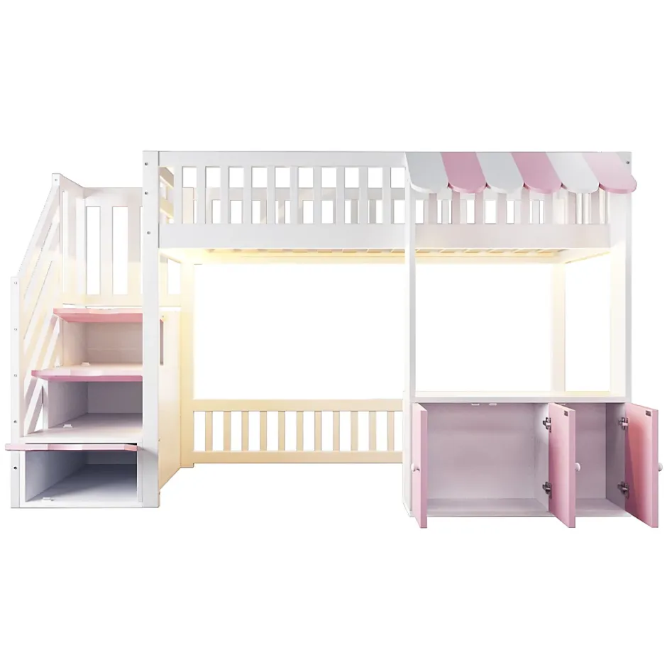 ModernLuxe Lit mezzanine en bois 90x200cm - avec armoire - escalier de rangement - éclairage LED - rose (matelas non inclus) Outlet