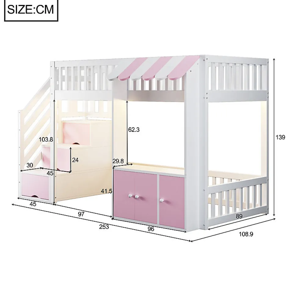 ModernLuxe Lit mezzanine en bois 90x200cm - avec armoire - escalier de rangement - éclairage LED - rose (matelas non inclus) Outlet
