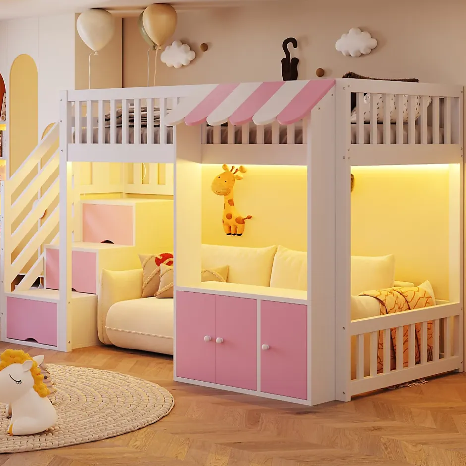 ModernLuxe Lit mezzanine en bois 90x200cm - avec armoire - escalier de rangement - éclairage LED - rose (matelas non inclus) Outlet