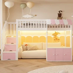 ModernLuxe Lit mezzanine en bois 90x200cm - avec armoire - escalier de rangement - éclairage LED - rose (matelas non inclus) Outlet