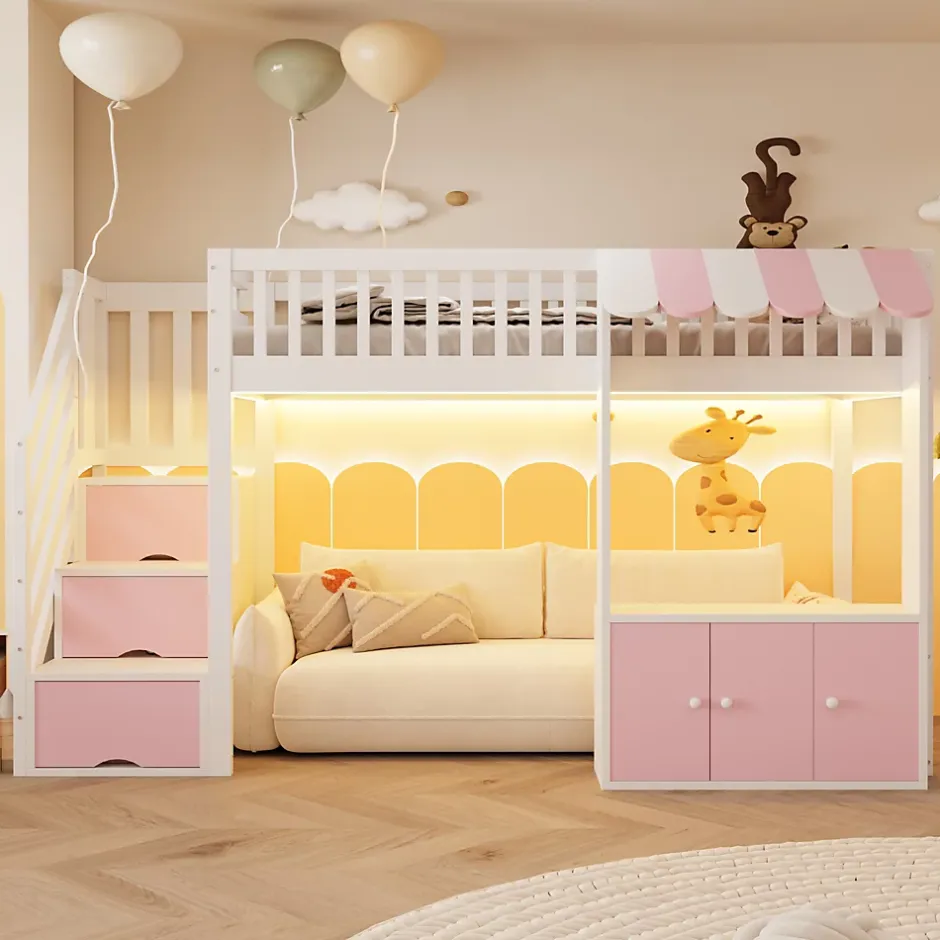 ModernLuxe Lit mezzanine en bois 90x200cm - avec armoire - escalier de rangement - éclairage LED - rose (matelas non inclus) Outlet