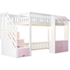 ModernLuxe Lit mezzanine en bois 90x200cm - avec armoire - escalier de rangement - éclairage LED - rose (matelas non inclus) Outlet