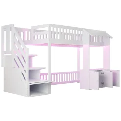 ModernLuxe Lit mezzanine en bois 90x200cm - avec armoire - escalier de rangement - éclairage LED - blanc (matelas non inclus) New
