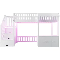 ModernLuxe Lit mezzanine en bois 90x200cm - avec armoire - escalier de rangement - éclairage LED - blanc (matelas non inclus) New