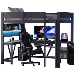 ModernLuxe Lit mezzanine en bois 90x200cm - Avec bureau et compartiments de rangement - LED et port de chargement - Gris (sans matelas)