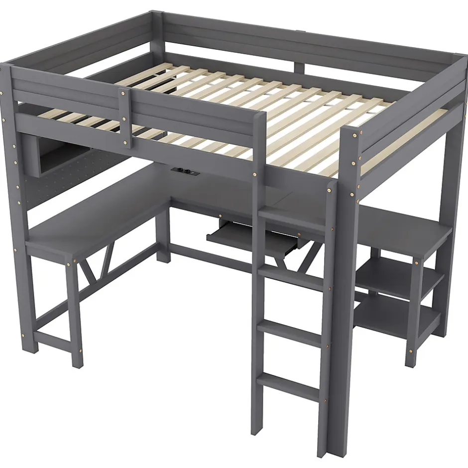 ModernLuxe Lit mezzanine en bois 90x200cm - Avec bureau et compartiments de rangement - LED et port de chargement - Gris (sans matelas)