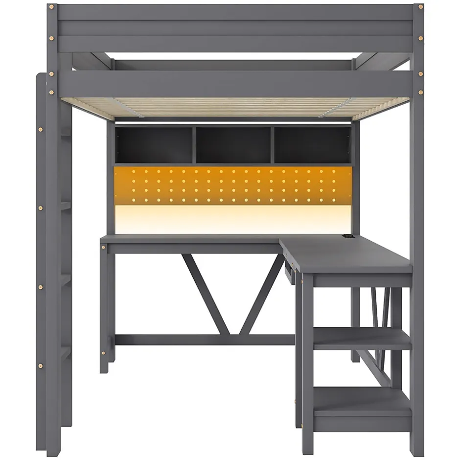 ModernLuxe Lit mezzanine en bois 90x200cm - Avec bureau et compartiments de rangement - LED et port de chargement - Gris (sans matelas)