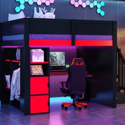 ModernLuxe Lit mezzanine en bois 140x200cm avec LED et port USB - Bureau et armoire - Échelle de rangement - Noir+Rouge (sans matelas)