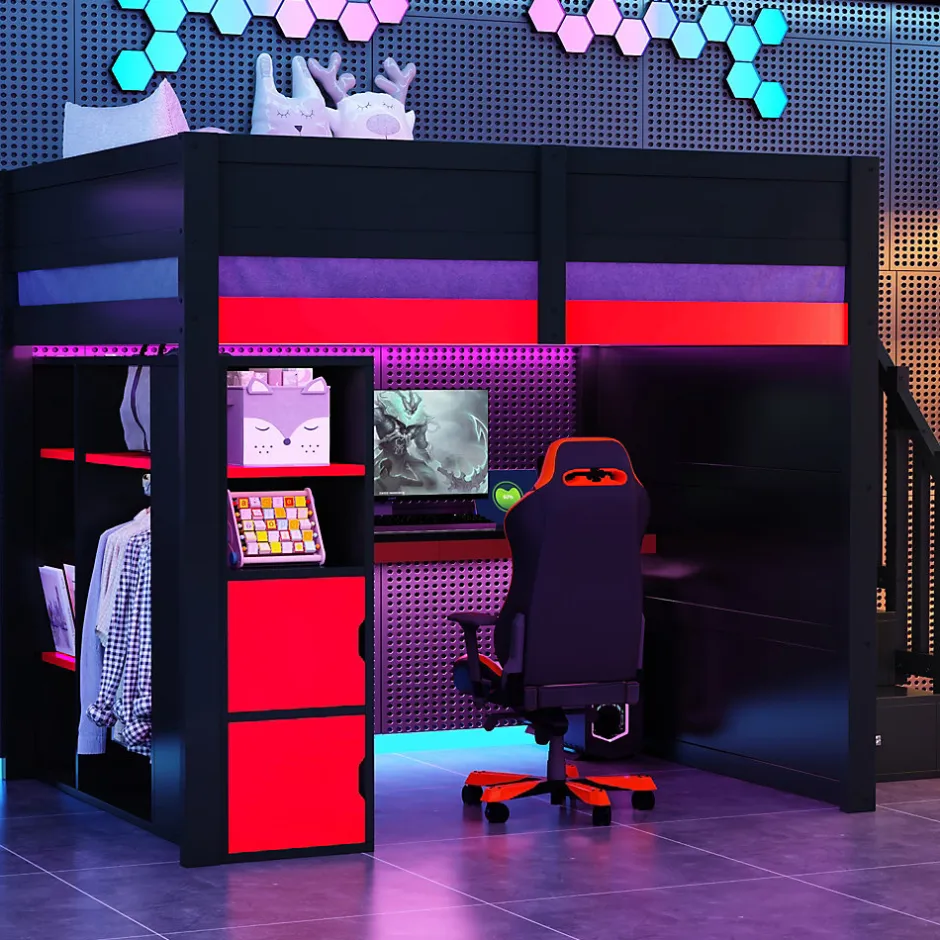 ModernLuxe Lit mezzanine en bois 140x200cm avec LED et port USB - Bureau et armoire - Échelle de rangement - Noir+Rouge (sans matelas)