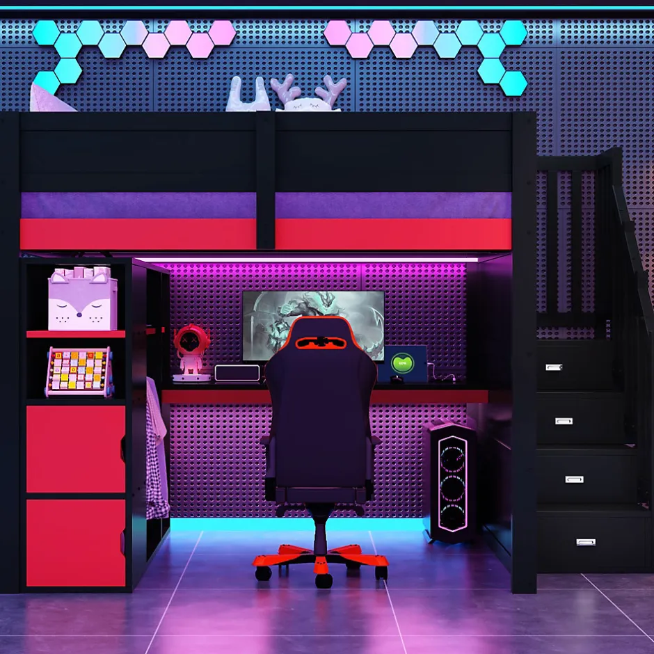 ModernLuxe Lit mezzanine en bois 140x200cm avec LED et port USB - Bureau et armoire - Échelle de rangement - Noir+Rouge (sans matelas)