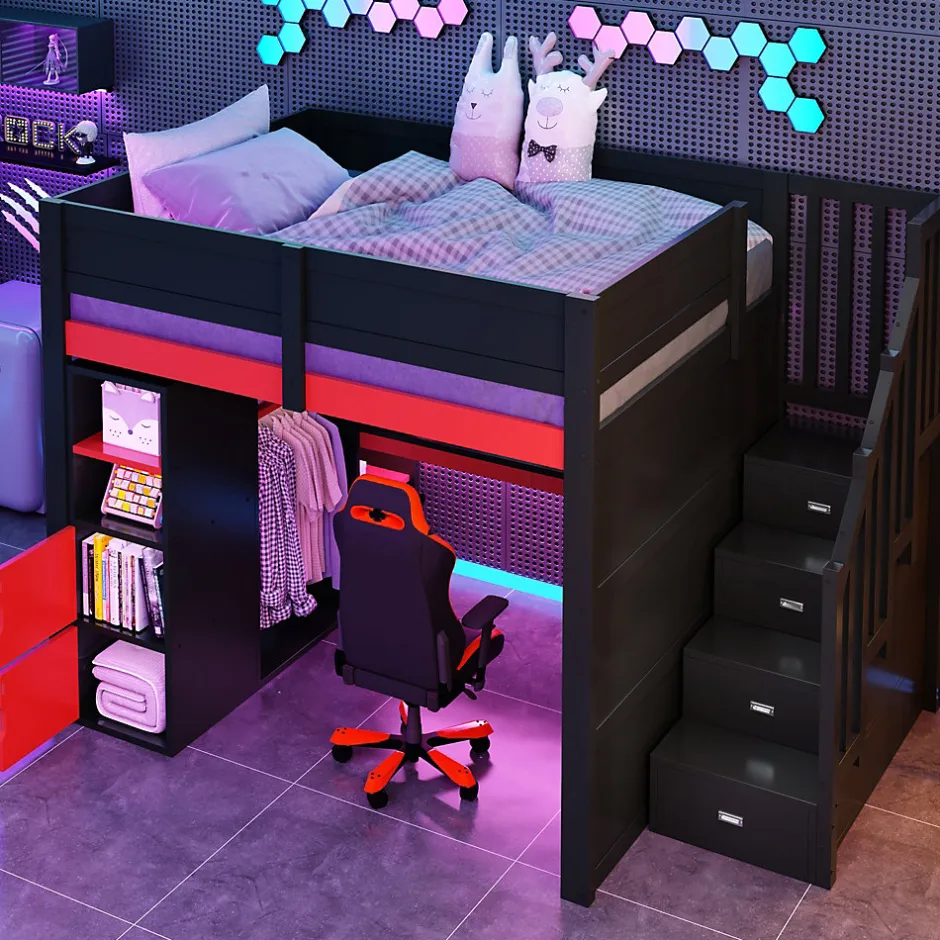 ModernLuxe Lit mezzanine en bois 140x200cm avec LED et port USB - Bureau et armoire - Échelle de rangement - Noir+Rouge (sans matelas)
