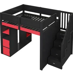 ModernLuxe Lit mezzanine en bois 140x200cm avec LED et port USB - Bureau et armoire - Échelle de rangement - Noir+Rouge (sans matelas)