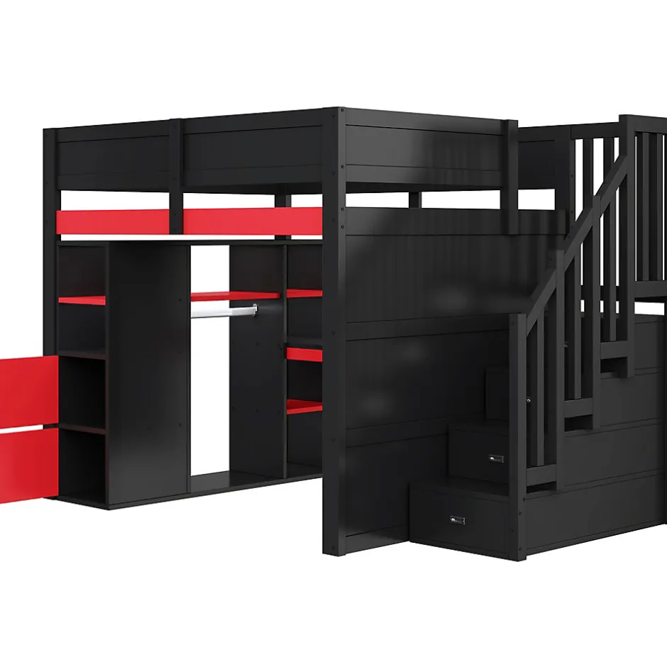 ModernLuxe Lit mezzanine en bois 140x200cm avec LED et port USB - Bureau et armoire - Échelle de rangement - Noir+Rouge (sans matelas)