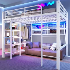 Enfant Seyakany Lit mezzanine en fer 140 x 200 cm avec bande lumineuse LED, compartiment de rangement, tringle à vêtements, sans matelas, blanc