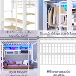 Enfant Seyakany Lit mezzanine en fer 140 x 200 cm avec bande lumineuse LED, compartiment de rangement, tringle à vêtements, sans matelas, blanc