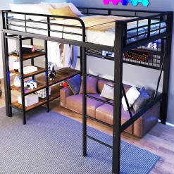 Enfant Seyakany Lit mezzanine en fer 140 x 200 cm avec bande lumineuse LED, compartiment de rangement, tringle à vêtements, sans matelas, noir