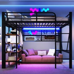 Enfant Seyakany Lit mezzanine en fer 140 x 200 cm avec bande lumineuse LED, compartiment de rangement, tringle à vêtements, sans matelas, noir