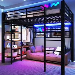 Enfant Seyakany Lit mezzanine en fer 140 x 200 cm avec bande lumineuse LED, compartiment de rangement, tringle à vêtements, sans matelas, noir