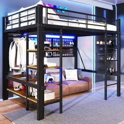 Enfant Seyakany Lit mezzanine en fer 140 x 200 cm avec bande lumineuse LED, compartiment de rangement, tringle à vêtements, sans matelas, noir