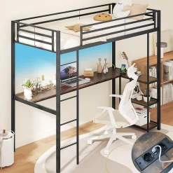 Giantex Lit Mezzanine en Métal avec Échelle 200X90CM avec Station de Charge Lumières Ambiance et Bureau Angle L 3 Étagères Noir