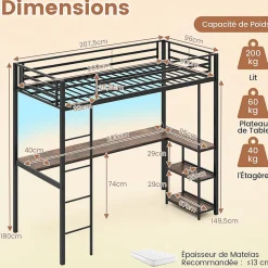 Giantex Lit Mezzanine en Métal avec Échelle 200X90CM avec Station de Charge Lumières Ambiance et Bureau Angle L 3 Étagères Noir