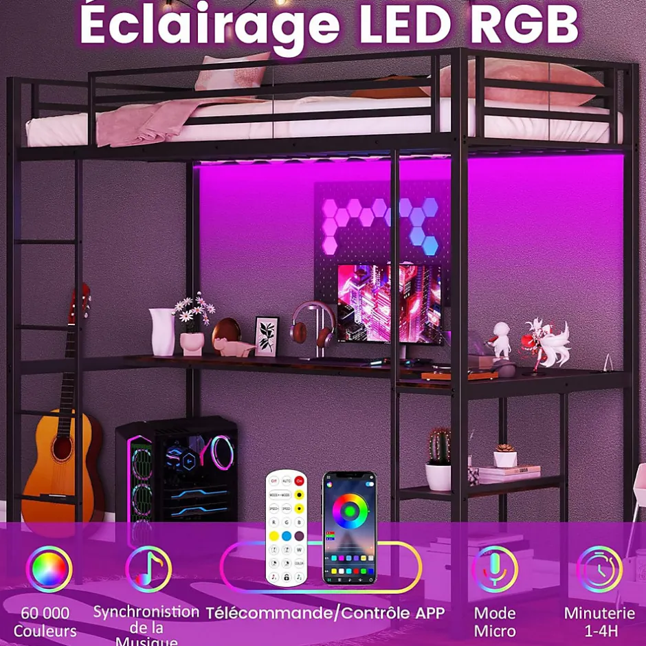 Giantex Lit Mezzanine en Métal avec Échelle 200X90CM avec Station de Charge Lumières Ambiance et Bureau Angle L 3 Étagères Noir
