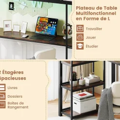 Giantex Lit Mezzanine en Métal avec Échelle 200X90CM avec Station de Charge Lumières Ambiance et Bureau Angle L 3 Étagères Noir
