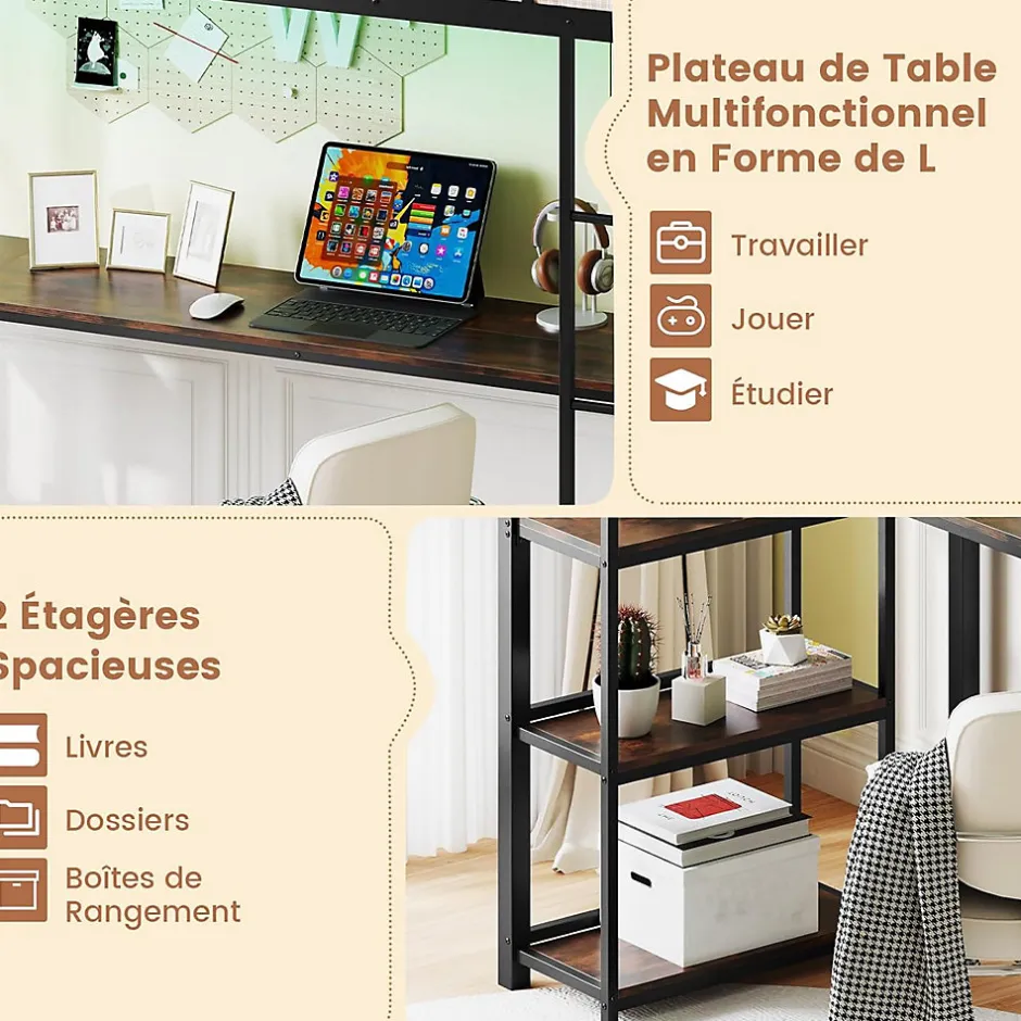 Giantex Lit Mezzanine en Métal avec Échelle 200X90CM avec Station de Charge Lumières Ambiance et Bureau Angle L 3 Étagères Noir