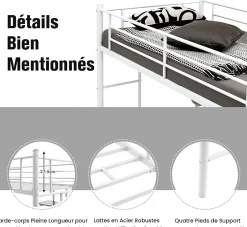 Giantex Lit Mezzanine en Métal avec Bureau, Lit Superposé 2 en 1 avec Poste de Travail, 2 Échelles et Garde-Corps, Blanc Clearance