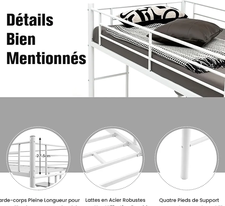 Giantex Lit Mezzanine en Métal avec Bureau, Lit Superposé 2 en 1 avec Poste de Travail, 2 Échelles et Garde-Corps, Blanc Clearance
