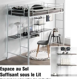 Giantex Lit Mezzanine en Métal avec Bureau, Lit Superposé 2 en 1 avec Poste de Travail, 2 Échelles et Garde-Corps, Blanc Clearance