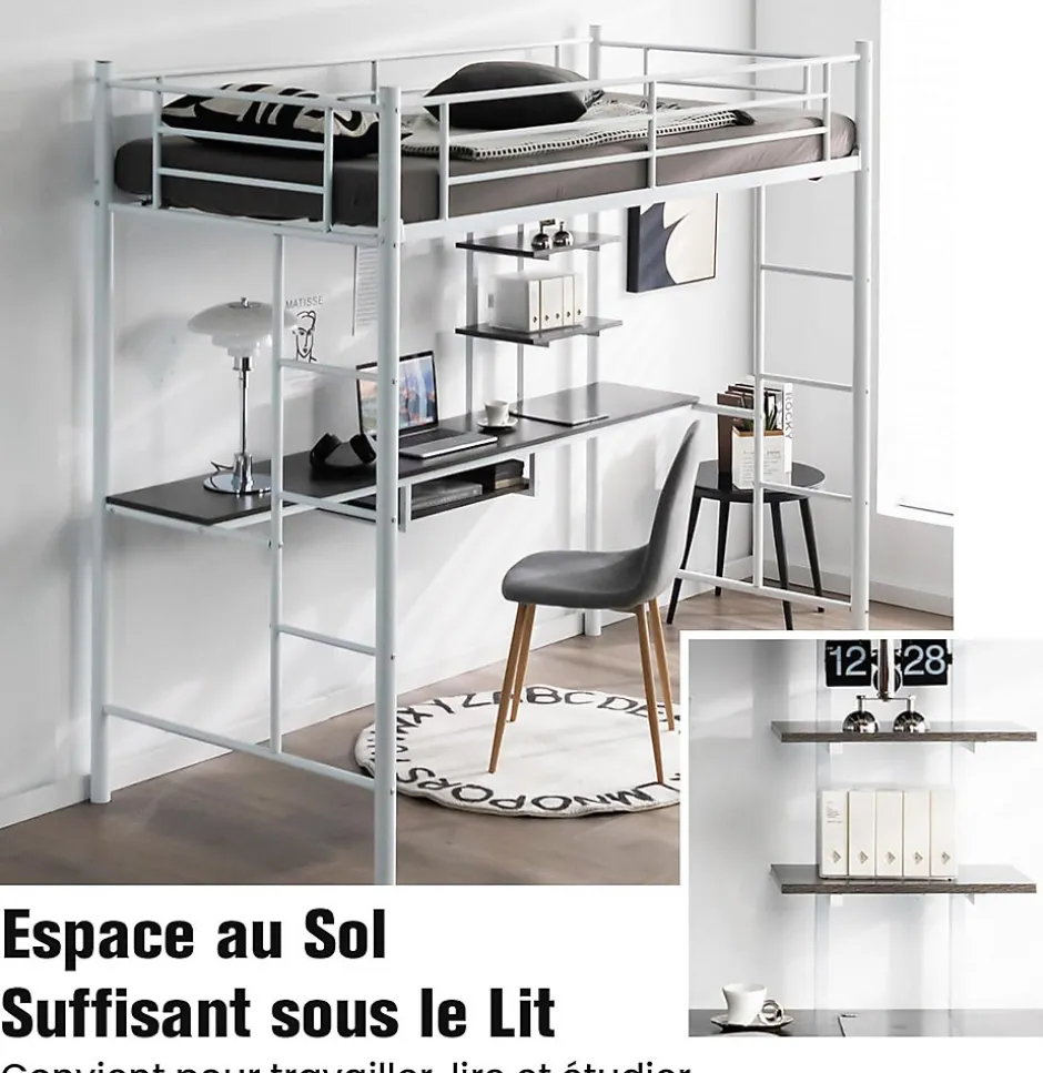 Giantex Lit Mezzanine en Métal avec Bureau, Lit Superposé 2 en 1 avec Poste de Travail, 2 Échelles et Garde-Corps, Blanc Clearance
