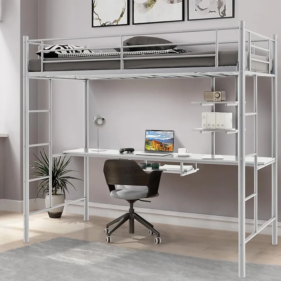 Giantex Lit Mezzanine en Métal avec Bureau, Lit Superposé 2 en 1 avec Poste de Travail, 2 Échelles et Garde-Corps, Blanc Clearance