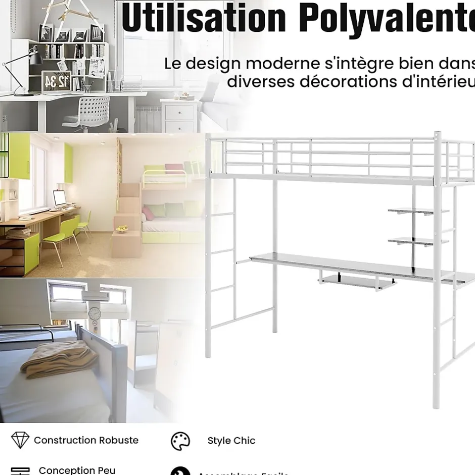 Giantex Lit Mezzanine en Métal avec Bureau, Lit Superposé 2 en 1 avec Poste de Travail, 2 Échelles et Garde-Corps, Blanc Clearance