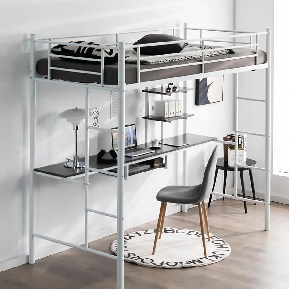 Giantex Lit Mezzanine en Métal avec Bureau, Lit Superposé 2 en 1 avec Poste de Travail, 2 Échelles et Garde-Corps, Blanc Clearance