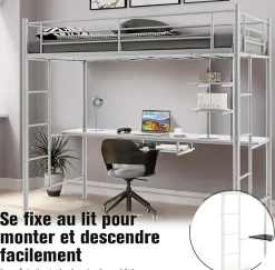 Giantex Lit Mezzanine en Métal avec Bureau, Lit Superposé 2 en 1 avec Poste de Travail, 2 Échelles et Garde-Corps, Blanc Clearance
