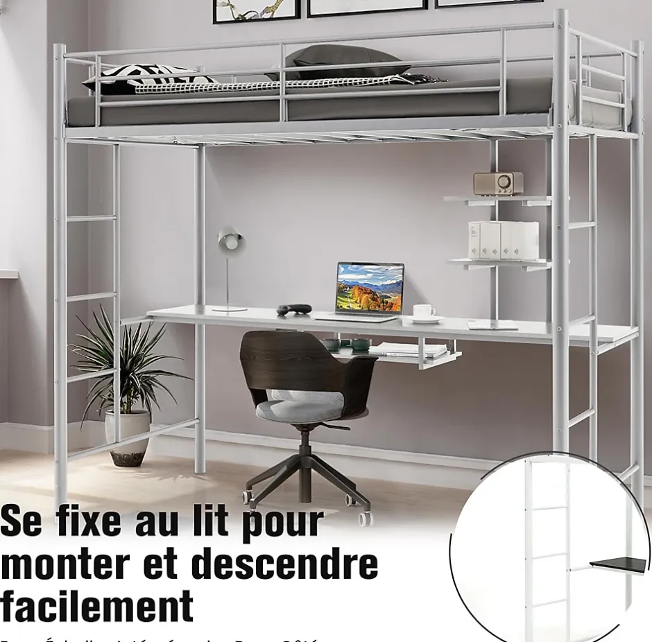 Giantex Lit Mezzanine en Métal avec Bureau, Lit Superposé 2 en 1 avec Poste de Travail, 2 Échelles et Garde-Corps, Blanc Clearance