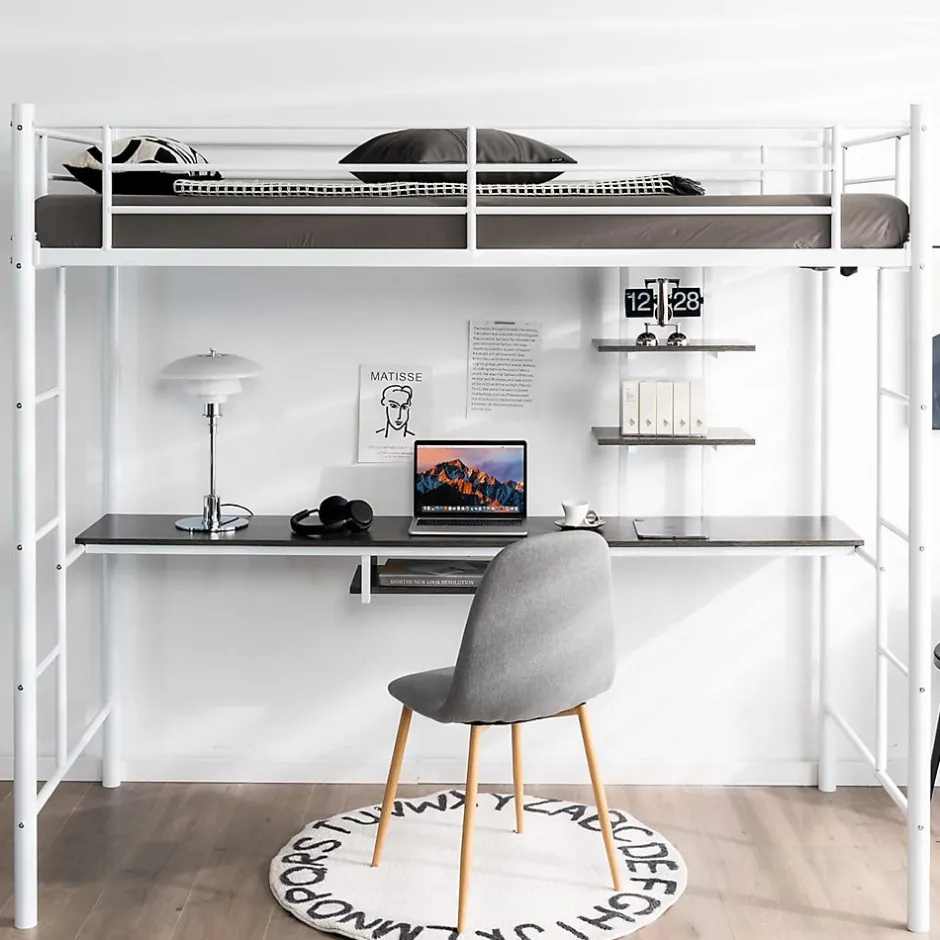 Giantex Lit Mezzanine en Métal avec Bureau, Lit Superposé 2 en 1 avec Poste de Travail, 2 Échelles et Garde-Corps, Blanc Clearance