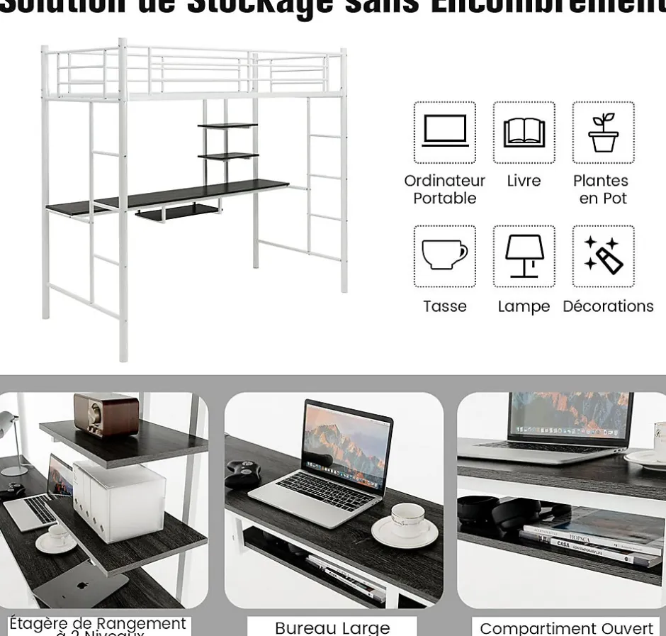 Giantex Lit Mezzanine en Métal avec Bureau, Lit Superposé 2 en 1 avec Poste de Travail, 2 Échelles et Garde-Corps, Blanc Clearance