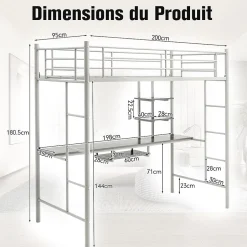 Giantex Lit Mezzanine en Métal avec Bureau, Lit Superposé 2 en 1 avec Poste de Travail, 2 Échelles et Garde-Corps, Blanc Clearance